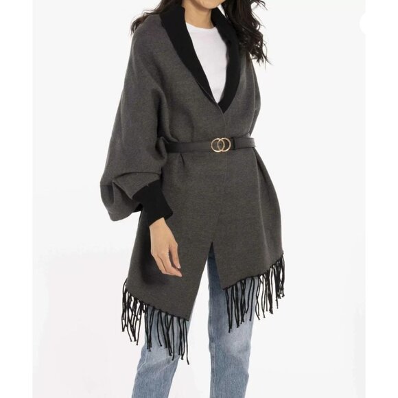 NWT Katie Kape Women's Black Gray Reversible Cape Shawl Fringe One Size 2623 - Picture 5 of 12